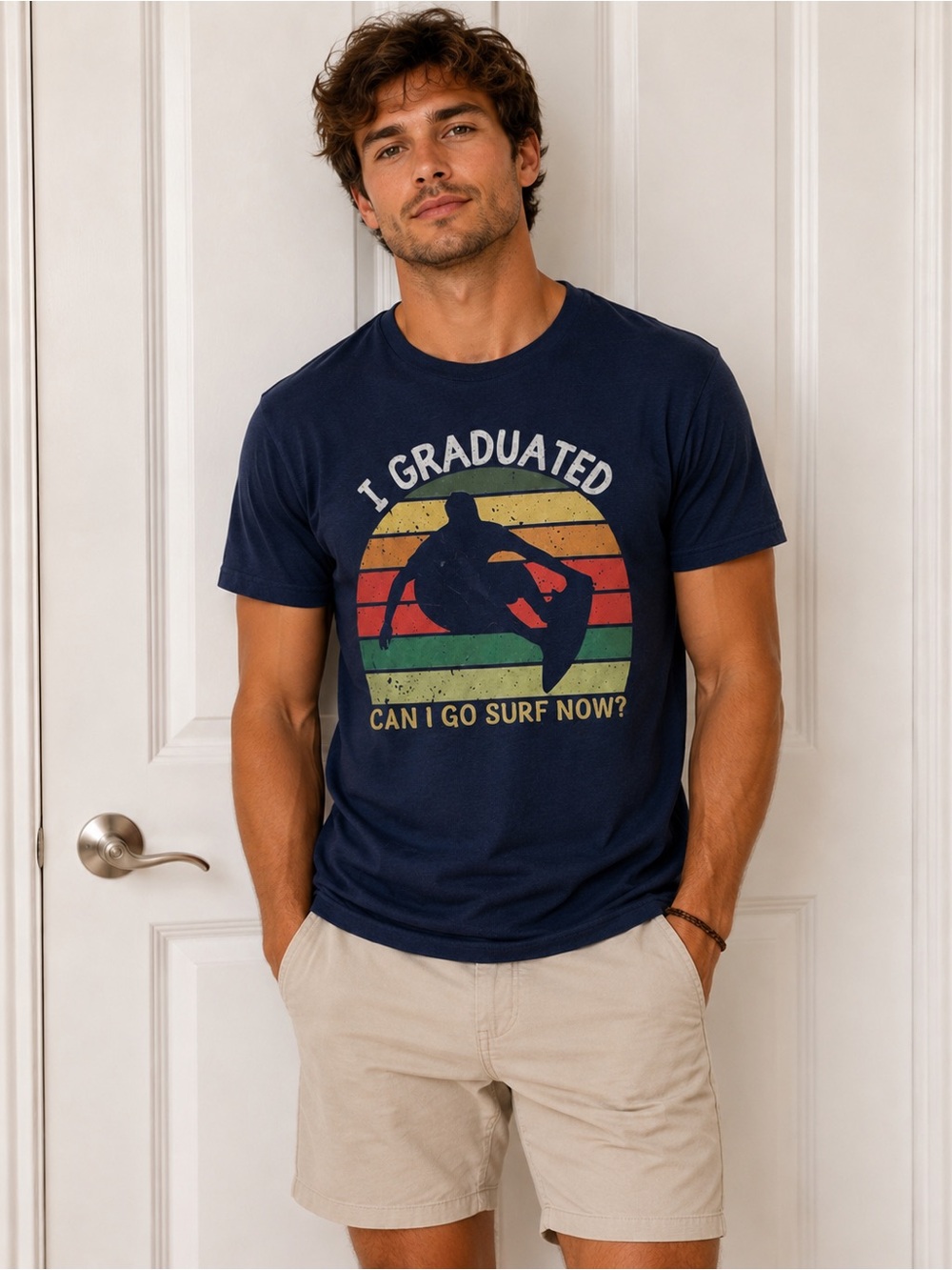Gildan Navy Graphic Tee with Retro Graduation Surf Print Large